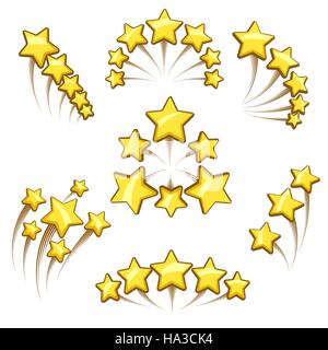 Golden stars elements set. Flying stars in cartoon style for your logo design. Vector illustration. Stock Vector
