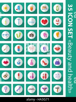 Vector set of flat icons beauty, fashion, health. Cosmetics and body care, 35 icons set. Stock Vector