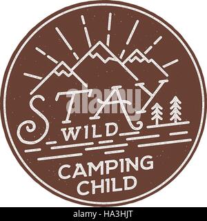 Stay Wild Camping Child Old school Hand Drawn t Shirt Print Apparel Graphics. Retro Typographic Custom Quote Design. Textured Stamp effect. Vintage St Stock Vector