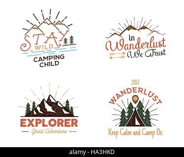 Set of outdoors activity badges. Retro illustration of outdoor activity labels. Typography and roughen style. Vector outdoors activity logo with lette Stock Vector