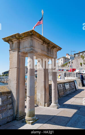 The Mayflower steps by the harbour in Plymouth, Devon, England, UK Stock Photo