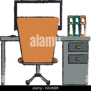 cartoon worplace desktop computer books chair Stock Vector