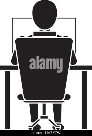 silhouette guy back working laptop chair desk Stock Vector