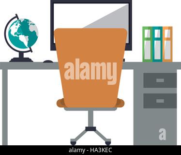 worplace desktop computer globe books chair Stock Vector
