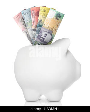 A white piggy bank filled with multiple bank notes. Stock Photo