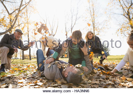 Family playing throwing autumn leaves in sunny park