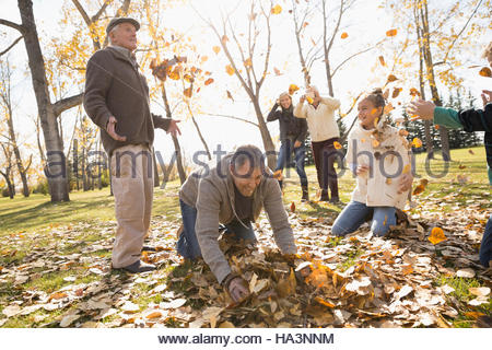 Family playing throwing autumn leaves in sunny park