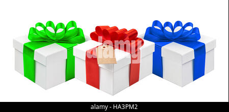 Gift boxes with ribbon bowisolated on white background. Festive decoration Stock Photo