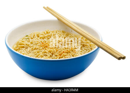 Cooked instant rice noodles in a blue bowl on white background Stock Photo