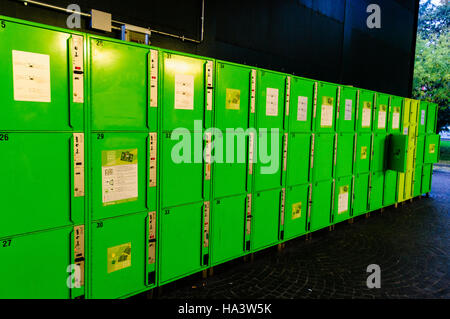 Green left-luggage lockers at Bergamo Bus Station, Italy Stock Photo