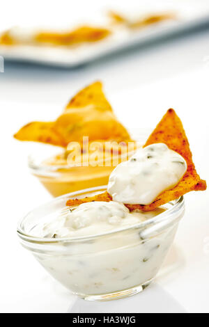 Tortilla chips and dips Stock Photo