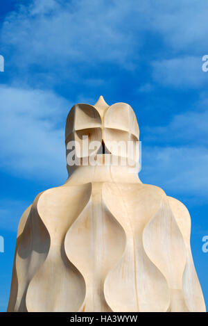 Chimney on roof terrace of Casa Milá, La Pedrera, residential building by Catalan architect Antoni Gaudi, Barcelona, Catalonia Stock Photo