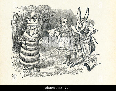 This is a scene from what Alice saw once she went through the Looking Glass and into the Looking Glass room in Lewis Carroll's 'Through the Looking Glass.' Here the White King asks the messenger, a rabbit, for a ham sandwich, while Alice looks on. Lewis Carroll (Charles Lutwidge Dodgson) wrote the novel 'Through the Looking-Glass and What Alice Found There' in 1871 as a sequel to 'Alice's Adventures in Wonderland.'