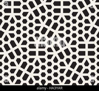Vector Seamless Black And White Irregular Hexagon Grid Geometric Pattern Stock Vector