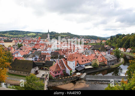 View on the historic center, St Vitus Church and Vltava River in Cesky Krumlov, South Bohemia, Czech Republic. Stock Photo