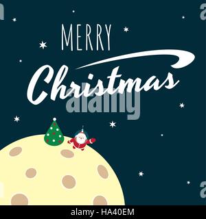 Vector retro styled greeting card with a text "Merry Christmas" and illustration of Santa Claus standing on the Moon surface near a Christmas tree. Stock Vector