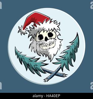 Vector comic pirate symbol of a skull in Santa Claus hat with two crossed Christmas trees. Square format. Stock Vector