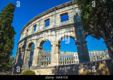 Ancient Roman amphitheater in Pula, Croatia. UNESCO world heritage site. Stock Photo