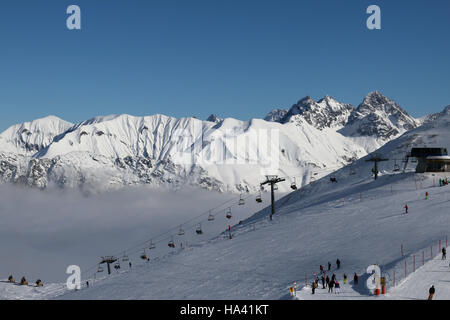 Kleinwalsertal, Austria - February 18, 2016: View from the Mountain Kanzelwand, in the Allgäu Alps Stock Photo