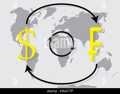 Currency exchange franc dollar on world map background. Exchange rate and money exchange, vector illustration Stock Photo