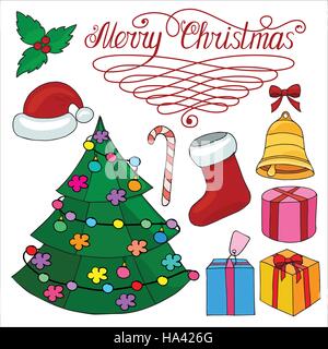 Christmas set of design elements with christmas tree, bell, Santa Claus hat, lettering, holiday decorations, sock, boxes with gifts. Hand drawn colore Stock Vector