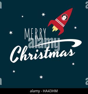 Vector retro styled greeting card with a text 'Merry Christmas' and Santa Claus flying in a red space rocket. Square format, white text on a dark back Stock Vector