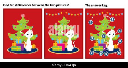 Spot the difference game with the answer key. Vector colorful illustration of a white cat sitting near a Christmas tree and gift boxes. Stock Vector