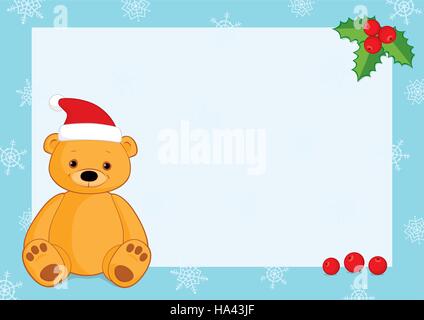 Vector Christmas background with a blue frame, snowflakes, holly berries and a brown teddy bear wearing Santa hat. Place for text on  white background Stock Vector