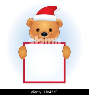 Illustration of a cute brown baby bear in a Santa hat holding a blank square sign. Place for text on a white background. Stock Vector