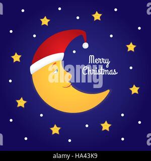 Holiday greeting card. Vector cartoon illustration of a half moon in a Santa hat among stars. Dark blue background, text 'Merry Christmas'. Square for Stock Vector