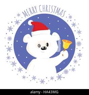 Christmas greeting card. Vector cartoon illustration of a cute baby polar bear in a Santa hat ringing a bell. Square format. Stock Vector
