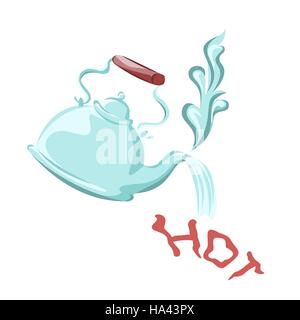 Kettle boil with boiling water jet forms a word Hot. Vector illustration. Isolated on white background. Stock Vector