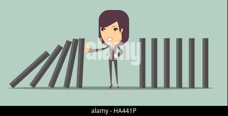 Man stopping the domino effect with falling dominoes Stock Vector