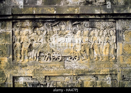 First gallery south. Upper twenty-seven depicts Maya en route to Lumbini. 9th-century Mahayana largest Buddhist temple Stock Photo