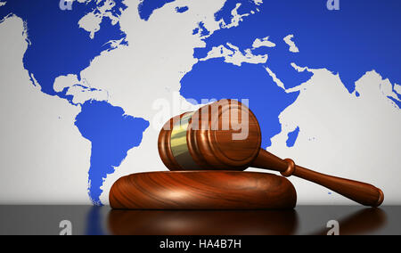 International justice, human rights and global business concept with a gavel and the world map on background. Stock Photo