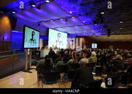 London UK 26 November 2016Ivan Marquez via video link from Colombia addressing the delegates of the Latin America Adelante 2016.Luciano Marín Arango, aka 'Iván Márquez'  is a Colombian guerrilla leader, member of the Revolutionary Armed Forces of Colombia (FARC) part of its Secretariat higher command and adviser to the Northwestern and Caribbean blocs. In August 2016 he concluded a peace agreement with the Colombian President Manuel Santos, ending the Colombian civil war @Paul Quezada-Neiman/Alamy Live News Stock Photo