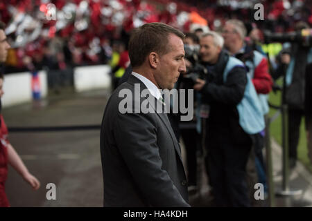 Aberdeen v Celtic, Betrfred League Cup Final, Glasgow, UK. 27th Nov, 2016.  Brendan Rodgers looks pensive before kick off Credit:  Tony Clerkson/Alamy Live News Stock Photo