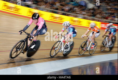 Dame Sarah Storey of Podium Ambition pb Club La Santa in action during the Elite Women's Championship Omnium Scratch Race, during round one of the Revolution Series Champions League at the National Cycling Centre, Manchester. Stock Photo
