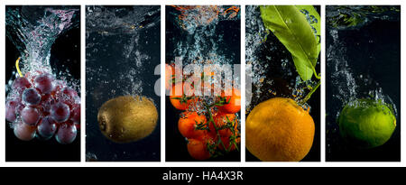 Fruits and vegetables falling into the water with splashes and bubbles. Collage of photos. Stock Photo
