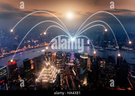 Network business connection system on Shanghai smart city scape in background.Network business connection concept Stock Photo