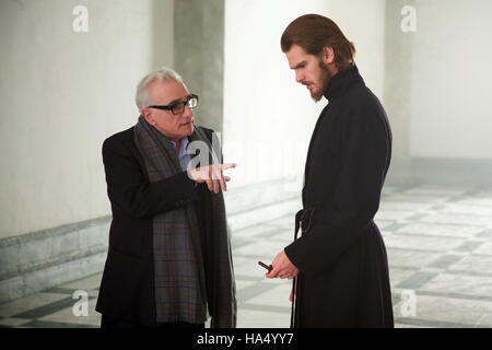 RELEASE DATE: January 2017 TITLE: Silence STUDIO: Paramount Pictures DIRECTOR: Martin Scorsese PLOT: In the seventeenth century, two Jesuit priests face violence and persecution when they travel to Japan to locate their mentor and propagate Christianity PICTURED: Martin Scorsese, Andrew Garfield on set (Credit: c Paramount Pictures/Entertainment Pictures/) Stock Photo