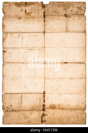 Falded paper sheet isolated on white background. Used stained paper texture. Stock Photo