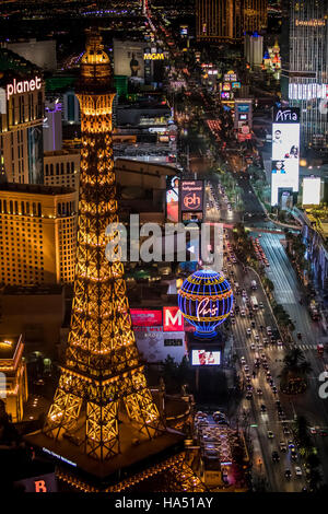 Aerial view of the Strip, Las Vegas, Nevada, USA. Eiffel Tower in the foreground Stock Photo