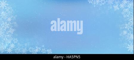 Blue gradient winter banner background with the snow and snowflake border Stock Vector