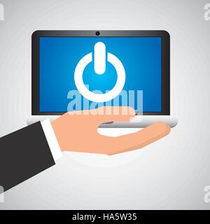 man hand holds laptop mobile power button media vector illustration Stock Vector