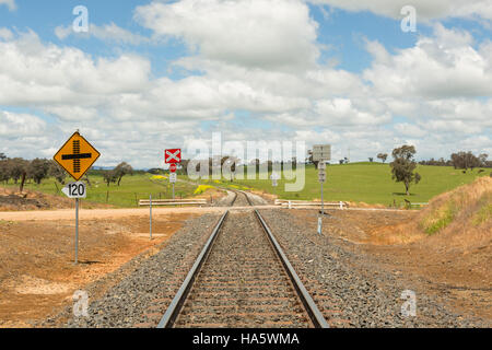 Railroad signs and tracks through Australian new South Wales landscape ...