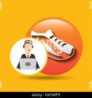 character man headphones computer with sneaker run vector illustration eps 10 Stock Vector