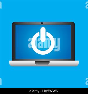 man hand holds laptop mobile power button media vector illustration Stock Vector