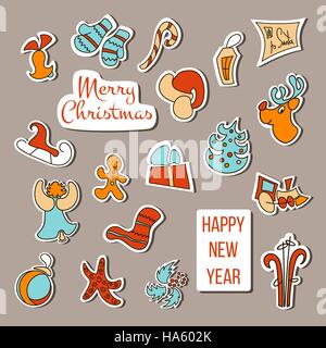 Cute Christmas stickers set. Christmas poster or decoration. Xmas icons with gift, mittens, deer, bell, toy, gingerbread, candy cane, snowman, snowfla Stock Vector