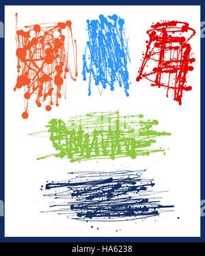 Splatter elements set for creative grunge designs. Splash spray abstract patterns. Vector illustration. Splashing wallpaper template collection. Stock Vector